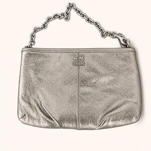 Coach Women Small Clutch Wristlet Gold Silver Metallic Leather Chain Strap Chic